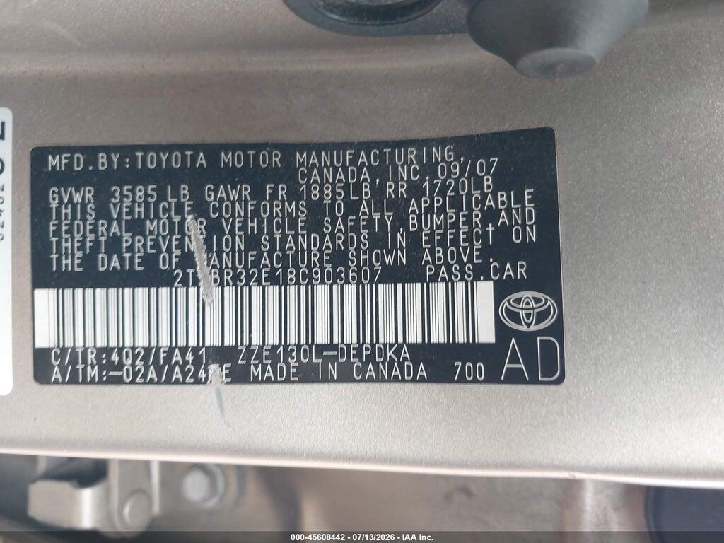 2T1BR32E18C903607 2008 TOYOTA COROLLA photo no. 9