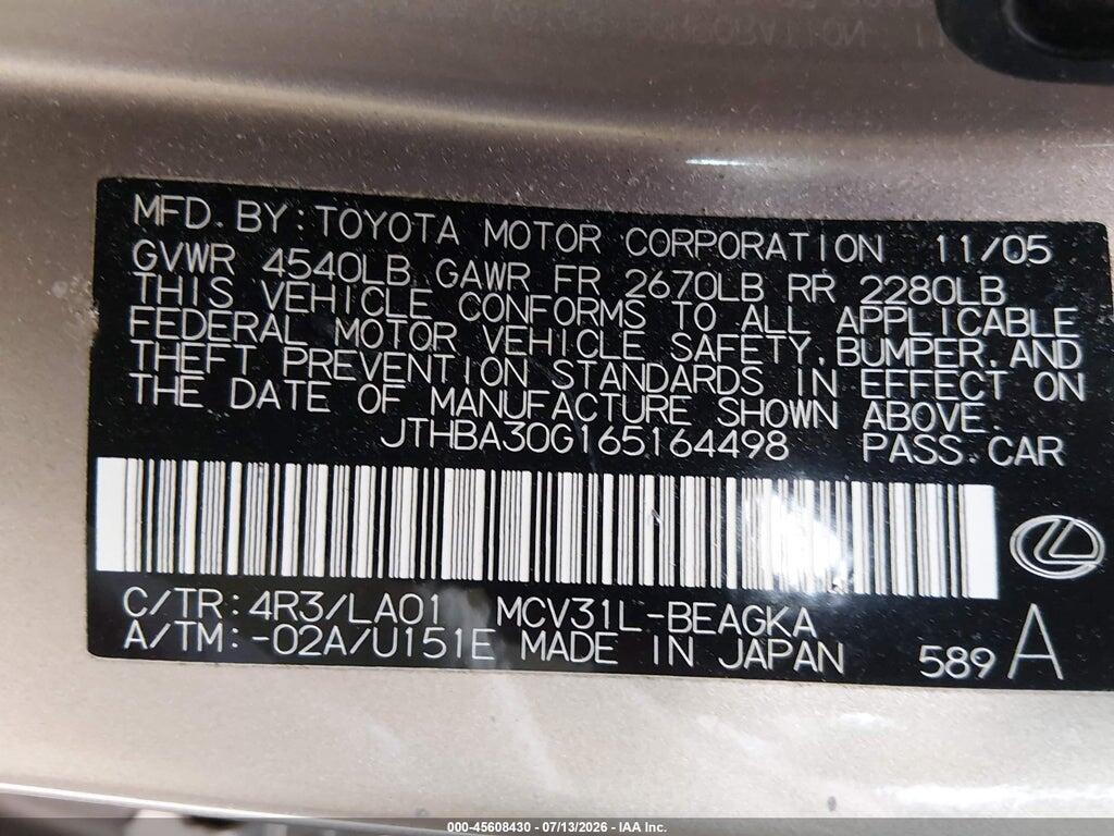 JTHBA30G165164498 2006 LEXUS ES 330 photo no. 9