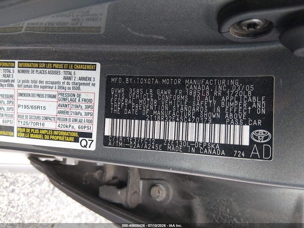 2T1BR32E45C470179 2005 TOYOTA COROLLA photo no. 9