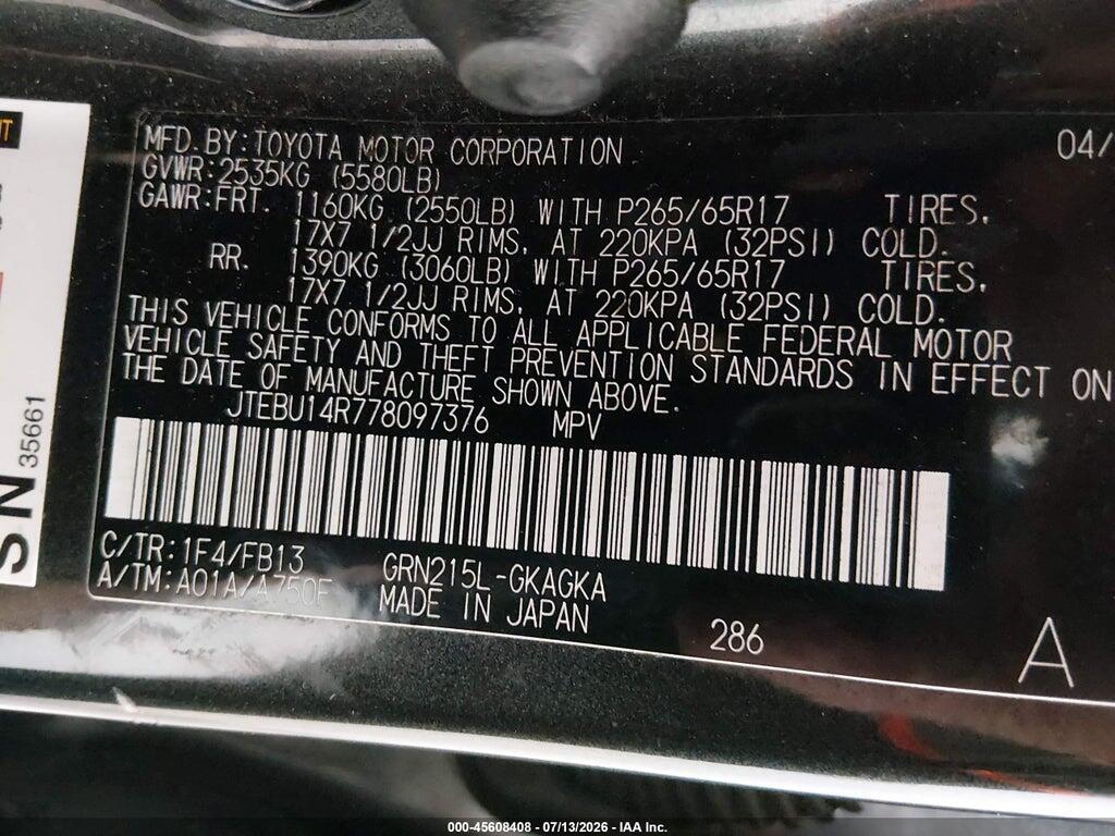 JTEBU14R778097376 2007 TOYOTA 4RUNNER photo no. 9