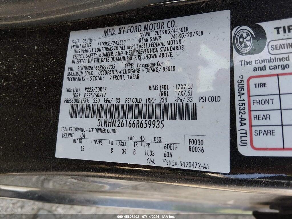 3LNHM26166R659935 2006 LINCOLN ZEPHYR photo no. 9