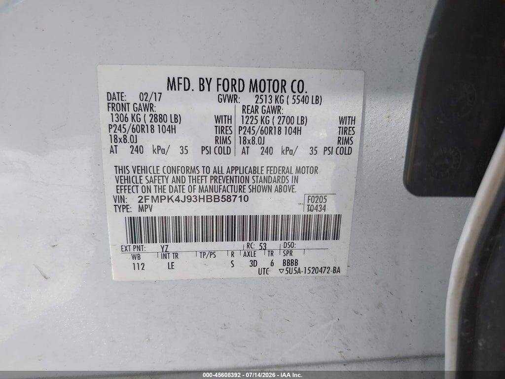 2FMPK4J93HBB58710 2017 FORD EDGE photo no. 9