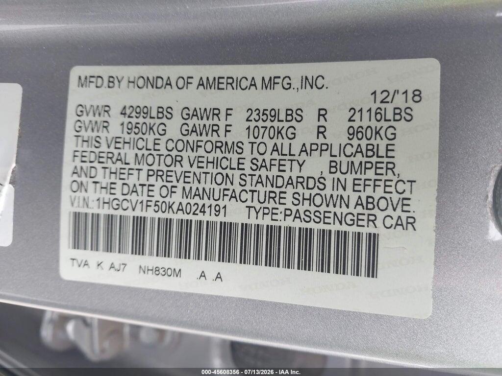 1HGCV1F50KA024191 2019 HONDA ACCORD photo no. 9