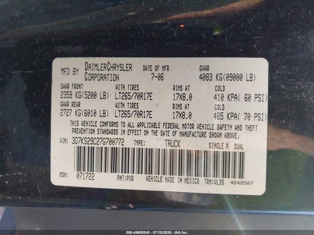3D7KS29C27G700772 2007 DODGE RAM 2500 photo no. 9