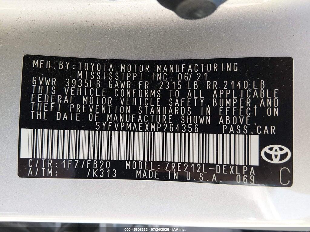 5YFVPMAEXMP264356 2021 TOYOTA COROLLA photo no. 9