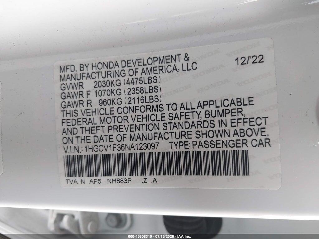 1HGCV1F36NA123097 2022 HONDA ACCORD photo no. 9