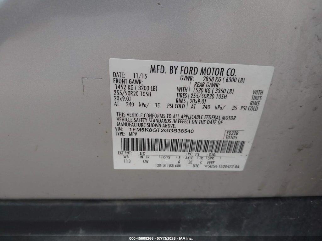 1FM5K8GT2GGB38540 2016 FORD EXPLORER photo no. 9