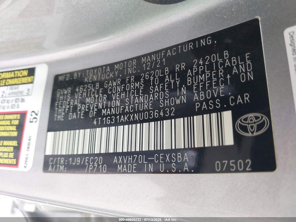 4T1G31AKXNU036432 2022 TOYOTA CAMRY photo no. 9