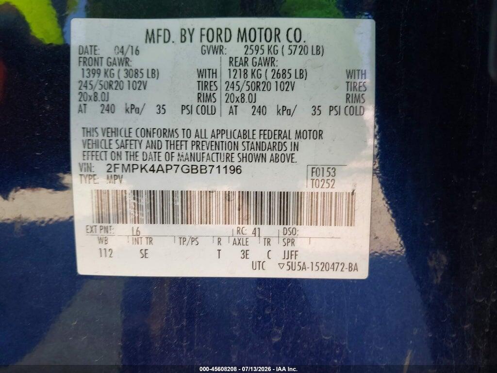 2FMPK4AP7GBB71196 2016 FORD EDGE photo no. 9