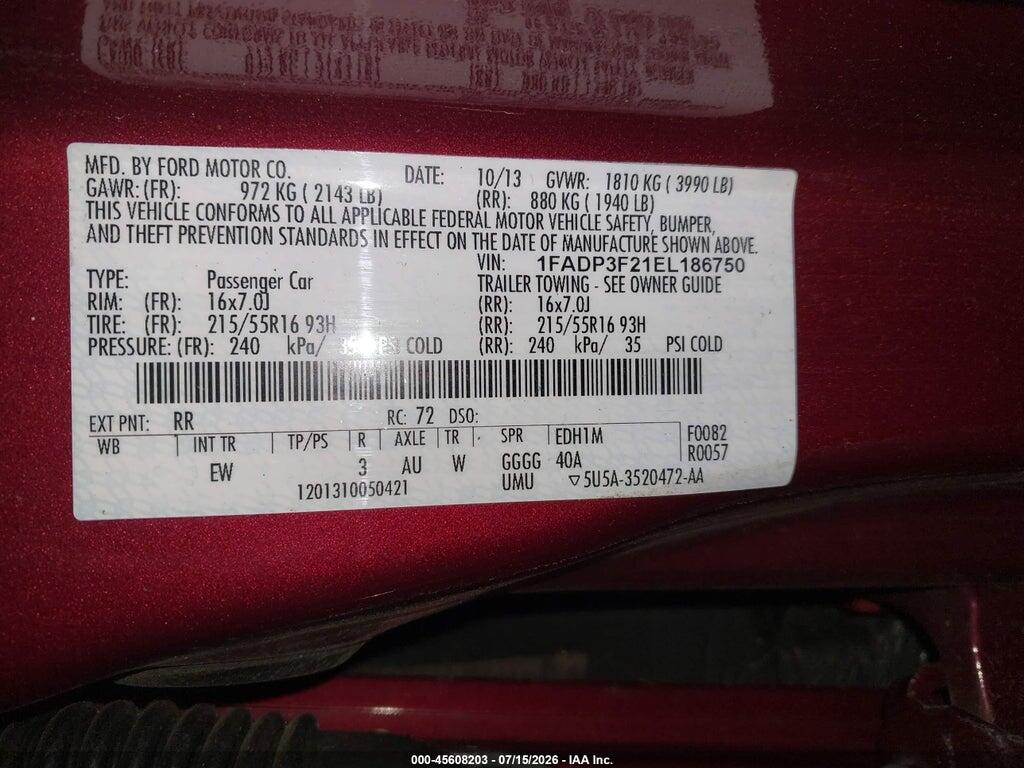 1FADP3F21EL186750 2014 FORD FOCUS photo no. 9