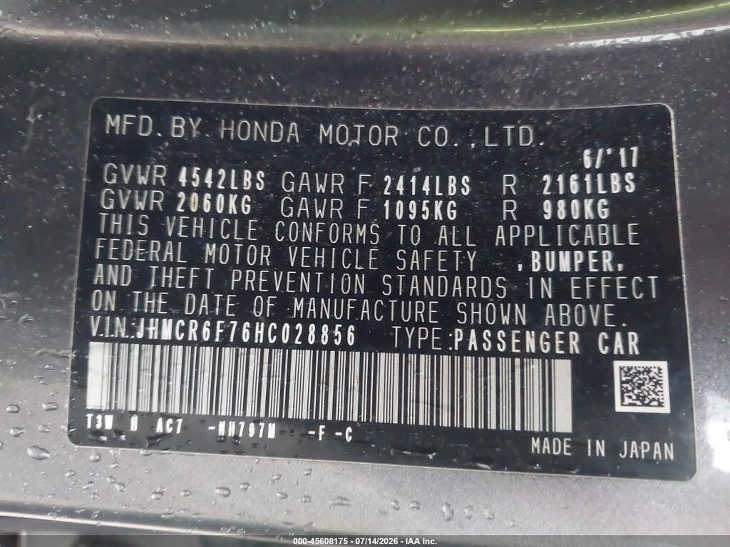 JHMCR6F76HC028856 2017 HONDA ACCORD HYBRID photo no. 9