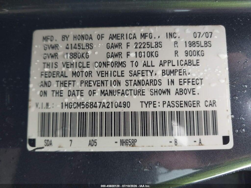 1HGCM56847A210490 2007 HONDA ACCORD photo no. 9