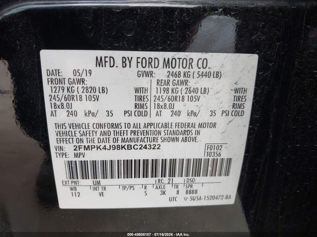 2FMPK4J98KBC24322 2019 FORD EDGE photo no. 9
