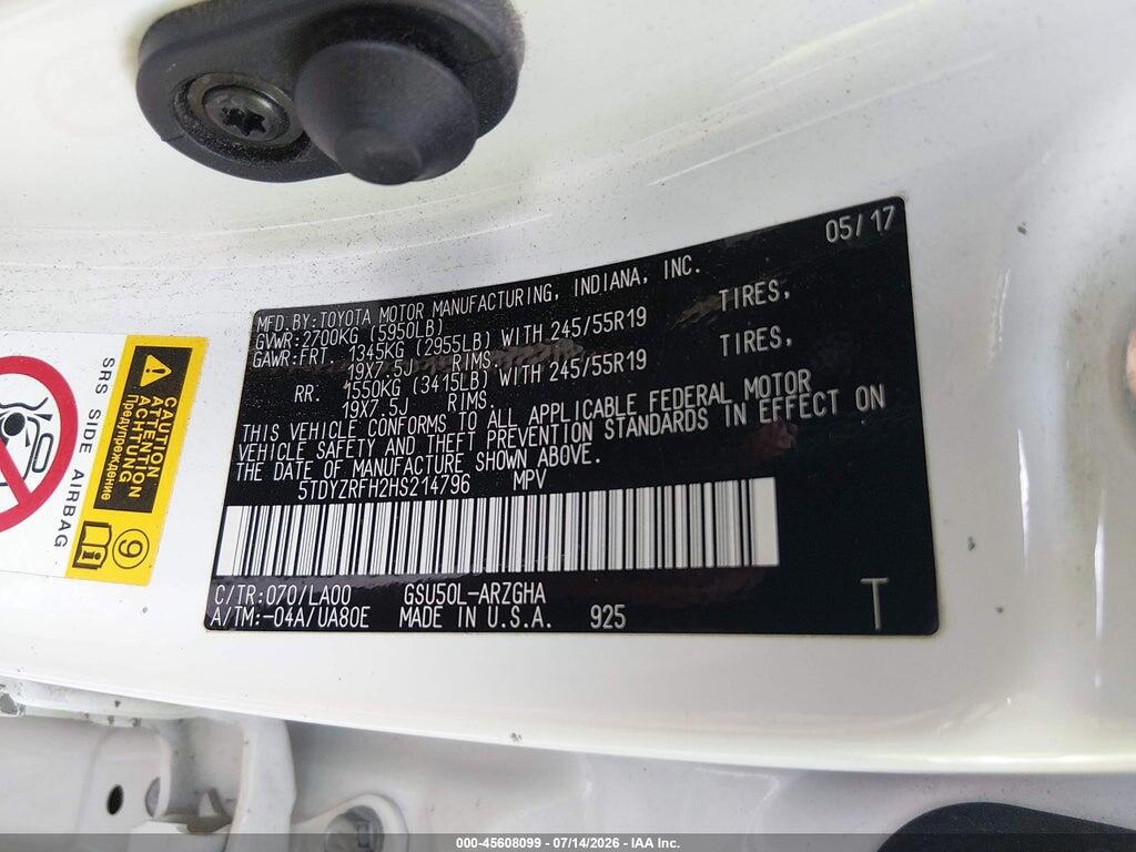 5TDYZRFH2HS214796 2017 TOYOTA HIGHLANDER photo no. 9