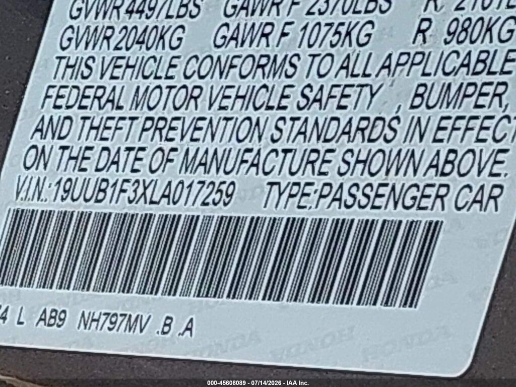 19UUB1F3XLA017259 2020 ACURA TLX photo no. 9