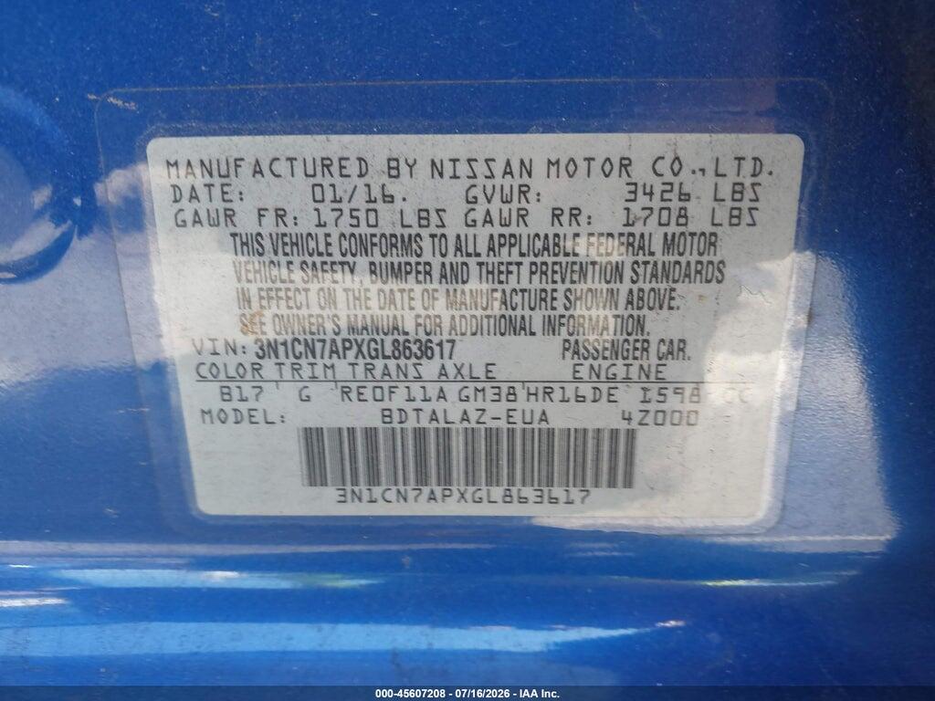 3N1CN7APXGL863617 2016 NISSAN VERSA photo no. 9
