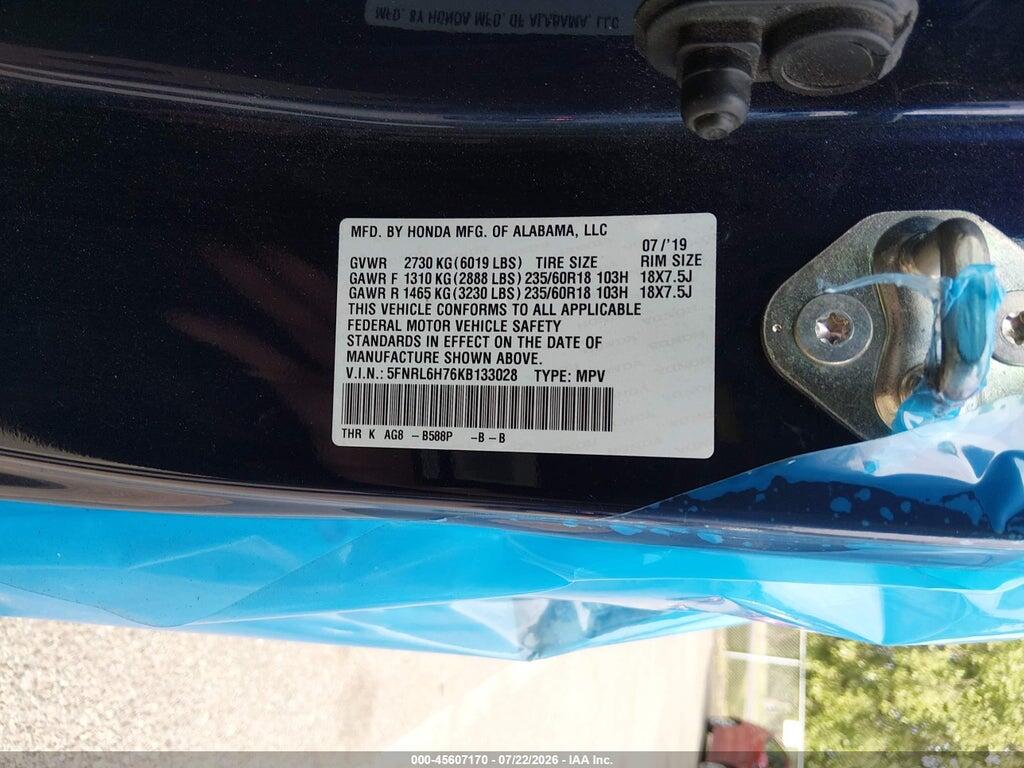 5FNRL6H76KB133028 2019 HONDA ODYSSEY photo no. 9