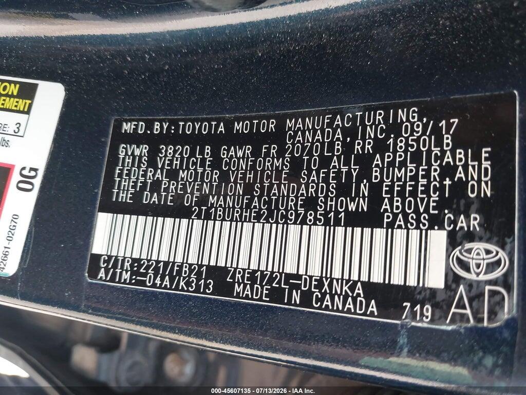 2T1BURHE2JC978511 2018 TOYOTA COROLLA photo no. 9