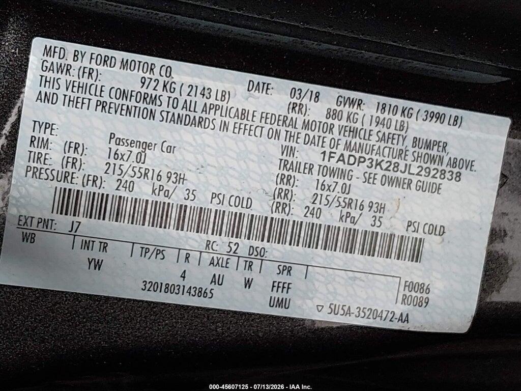 1FADP3K28JL292838 2018 FORD FOCUS photo no. 9