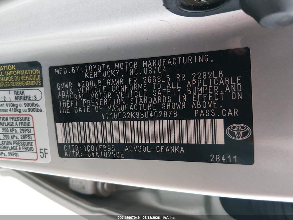 4T1BE32K95U402878 2005 TOYOTA CAMRY photo no. 9