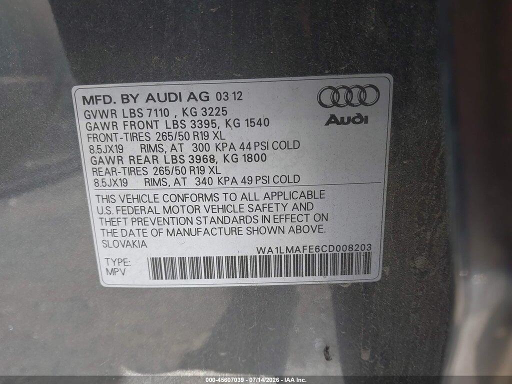 WA1LMAFE6CD008203 2012 AUDI Q7 photo no. 9