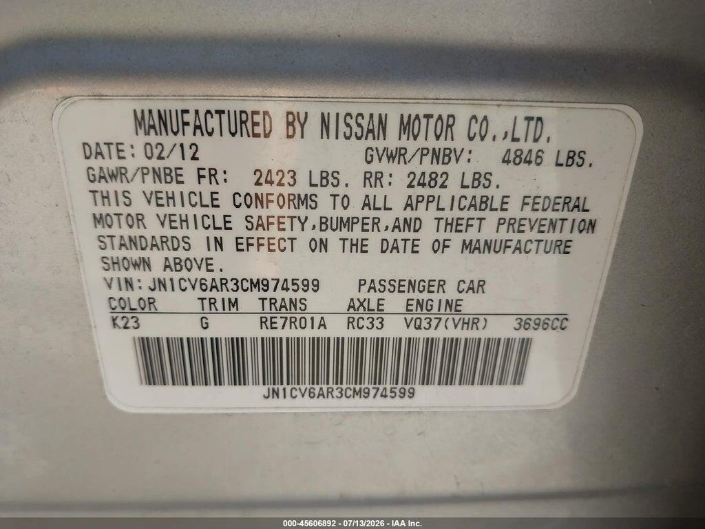 JN1CV6AR3CM974599 2012 INFINITI G37X photo no. 9