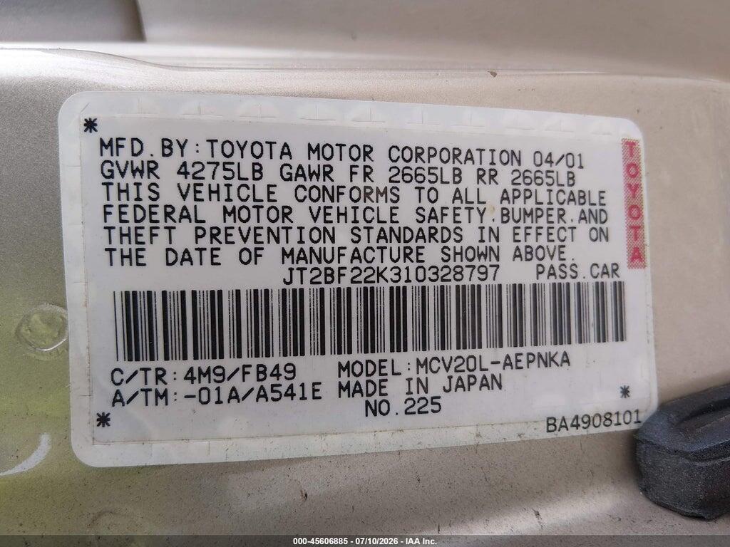 JT2BF22K310328797 2001 TOYOTA CAMRY photo no. 9