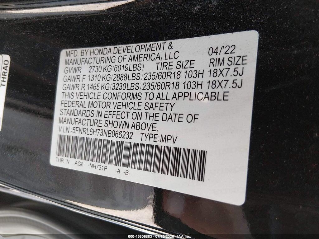 5FNRL6H73NB066232 2022 HONDA ODYSSEY photo no. 9