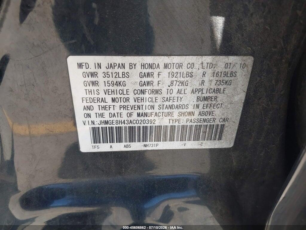 JHMGE8H43AC020392 2010 HONDA FIT photo no. 9