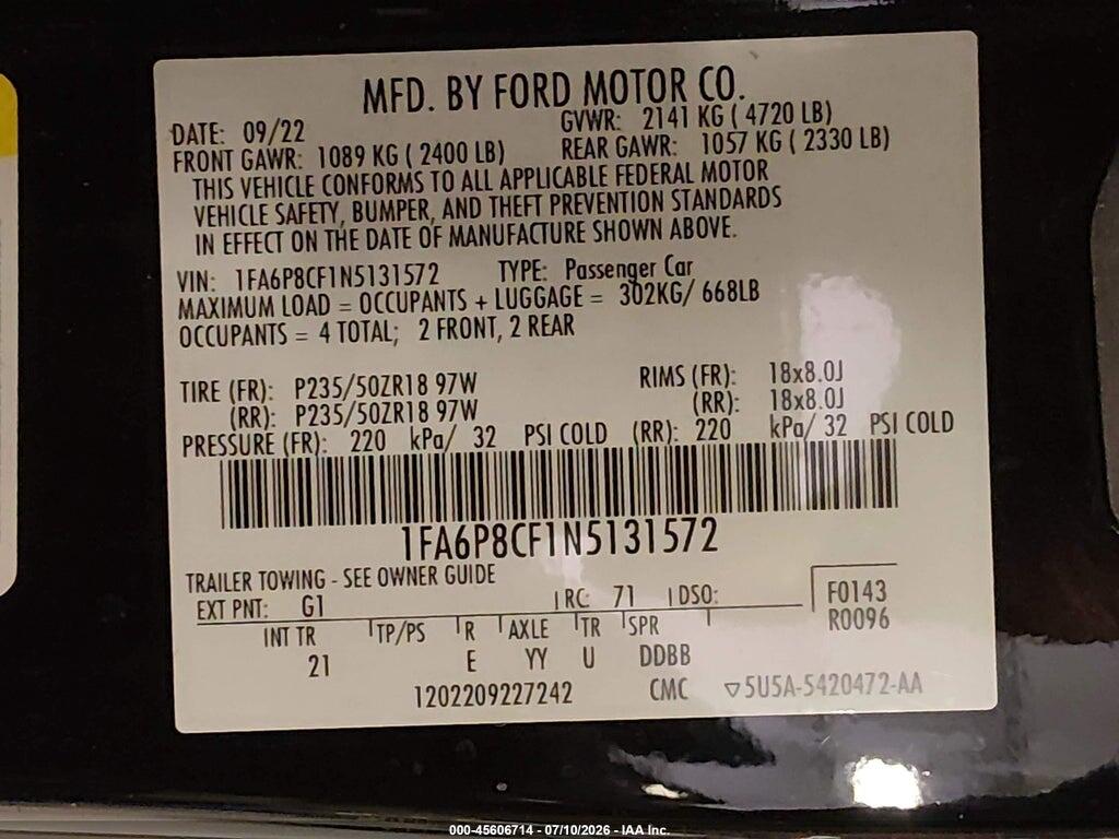 1FA6P8CF1N5131572 2022 FORD MUSTANG photo no. 9