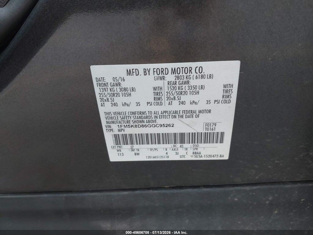 1FM5K8D86GGC95262 2016 FORD EXPLORER photo no. 9