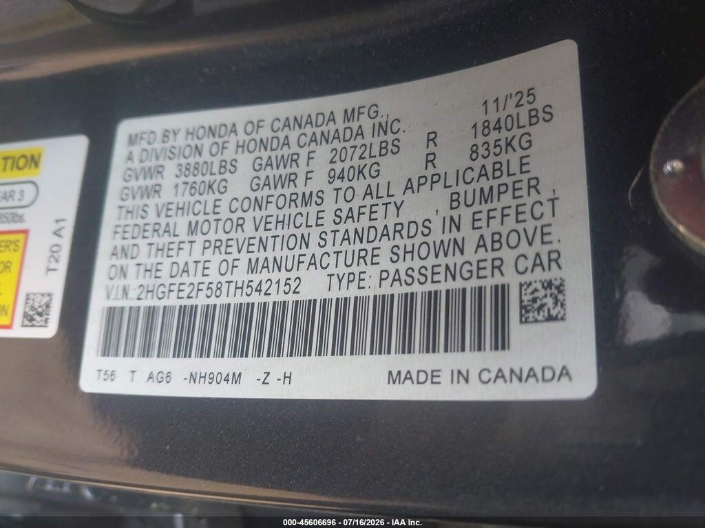 2HGFE2F58TH542152 2026 HONDA CIVIC photo no. 9