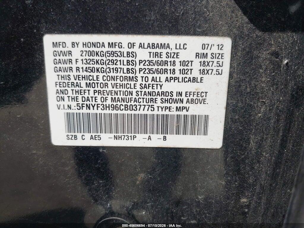5FNYF3H96CB037775 2012 HONDA PILOT photo no. 9