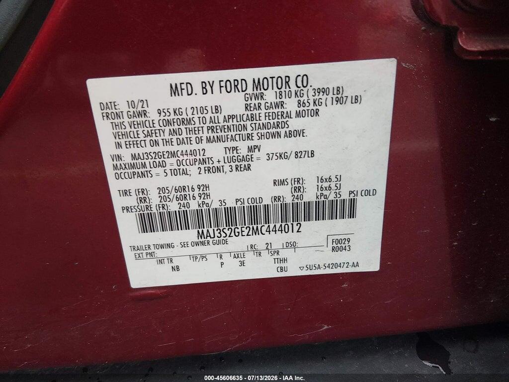 MAJ3S2GE2MC444012 2021 FORD ECOSPORT photo no. 9