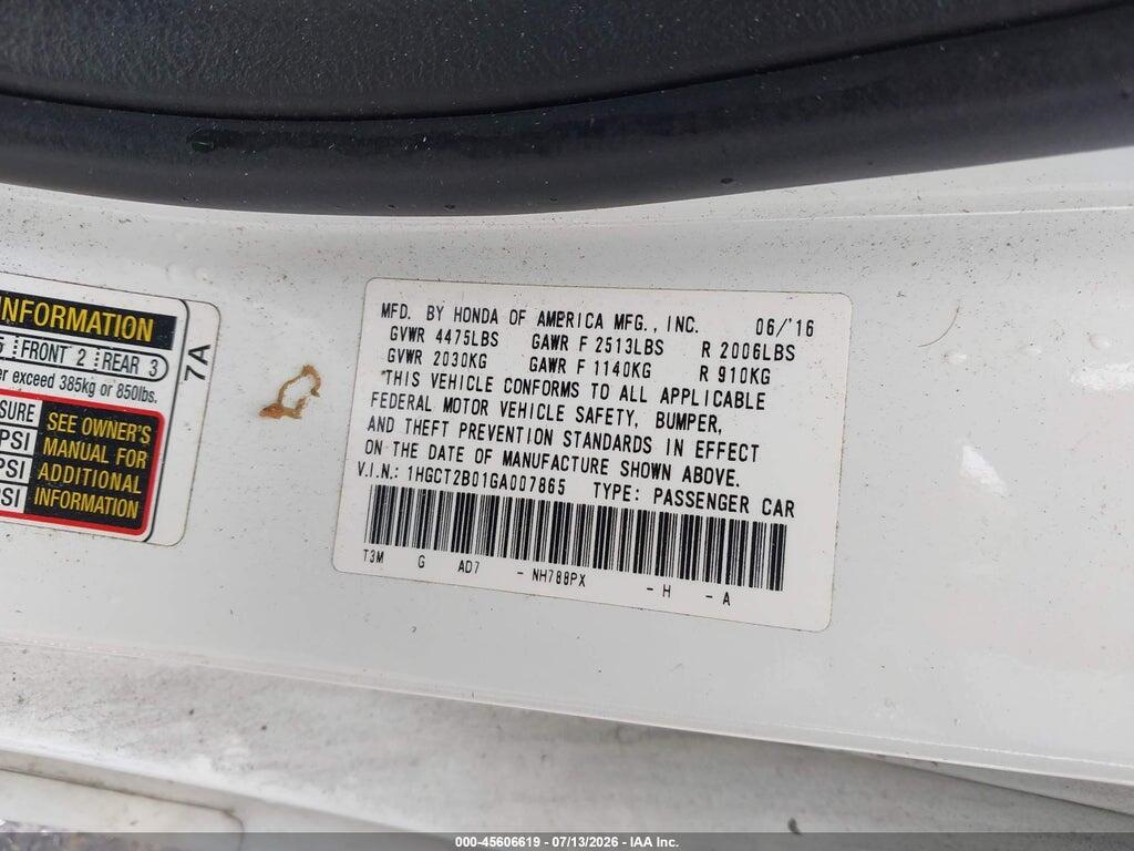 1HGCT2B01GA007865 2016 HONDA ACCORD photo no. 9
