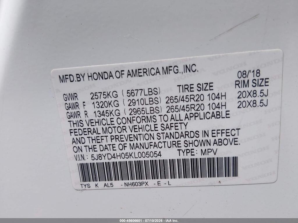 5J8YD4H05KL005054 2019 ACURA MDX photo no. 9