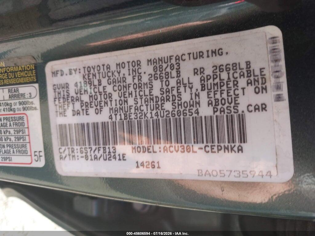 4T1BE32K14U260654 2004 TOYOTA CAMRY photo no. 9