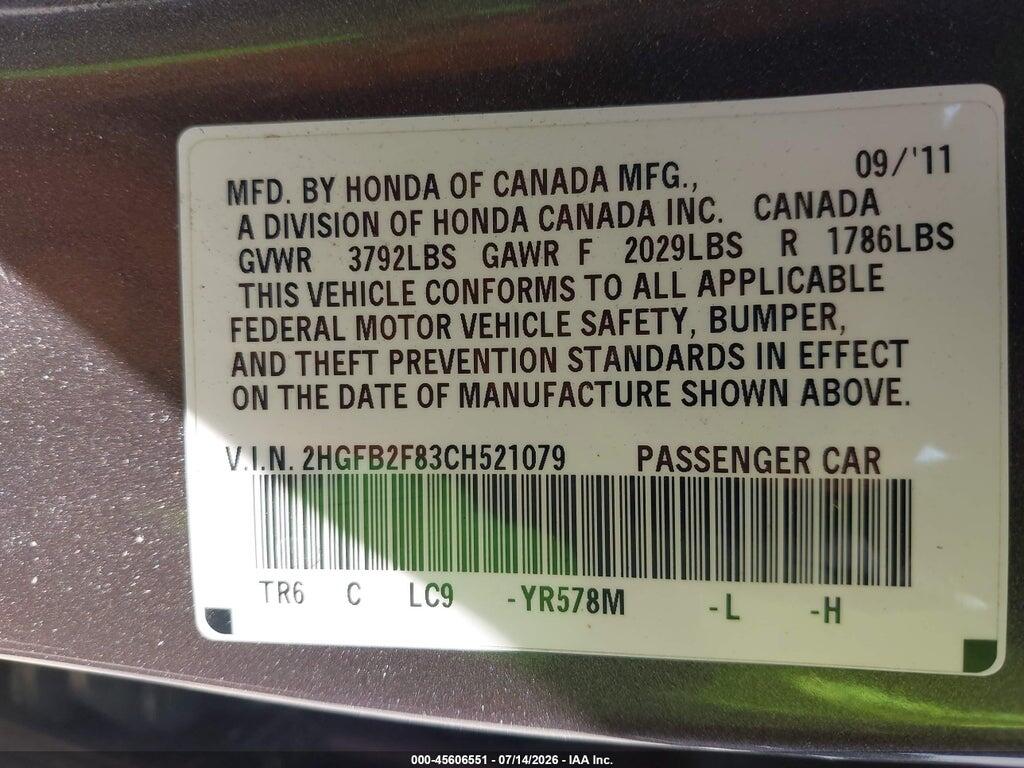 2HGFB2F83CH521079 2012 HONDA CIVIC photo no. 9