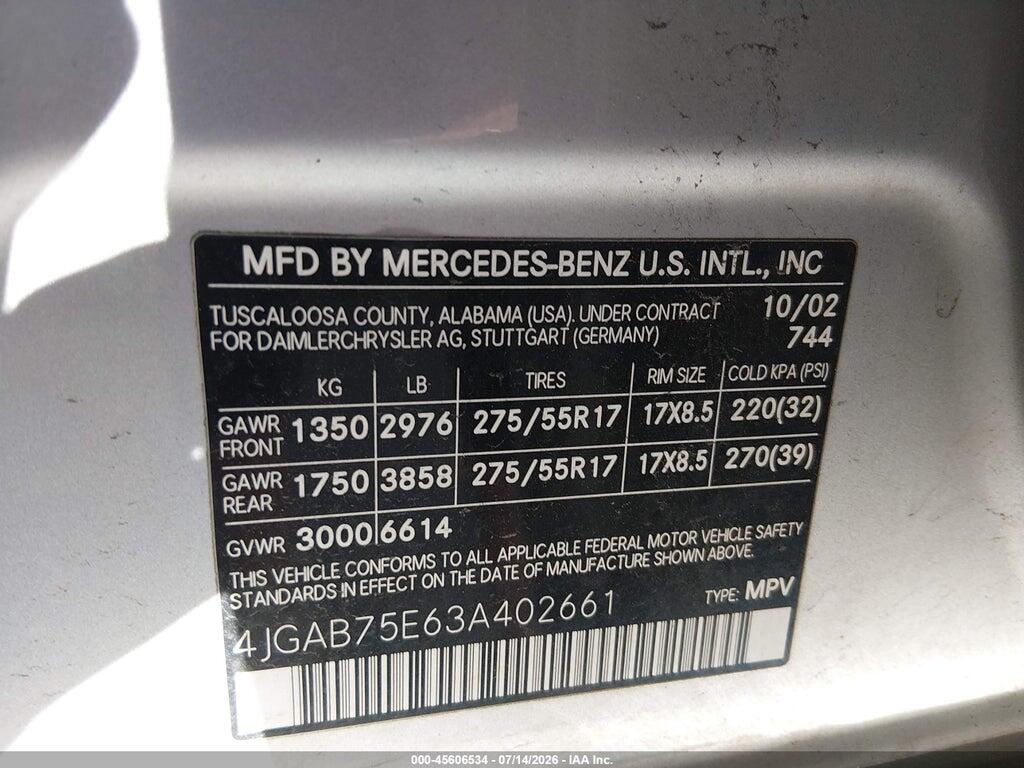 4JGAB75E63A402661 2003 MERCEDES-BENZ ML 500 photo no. 9