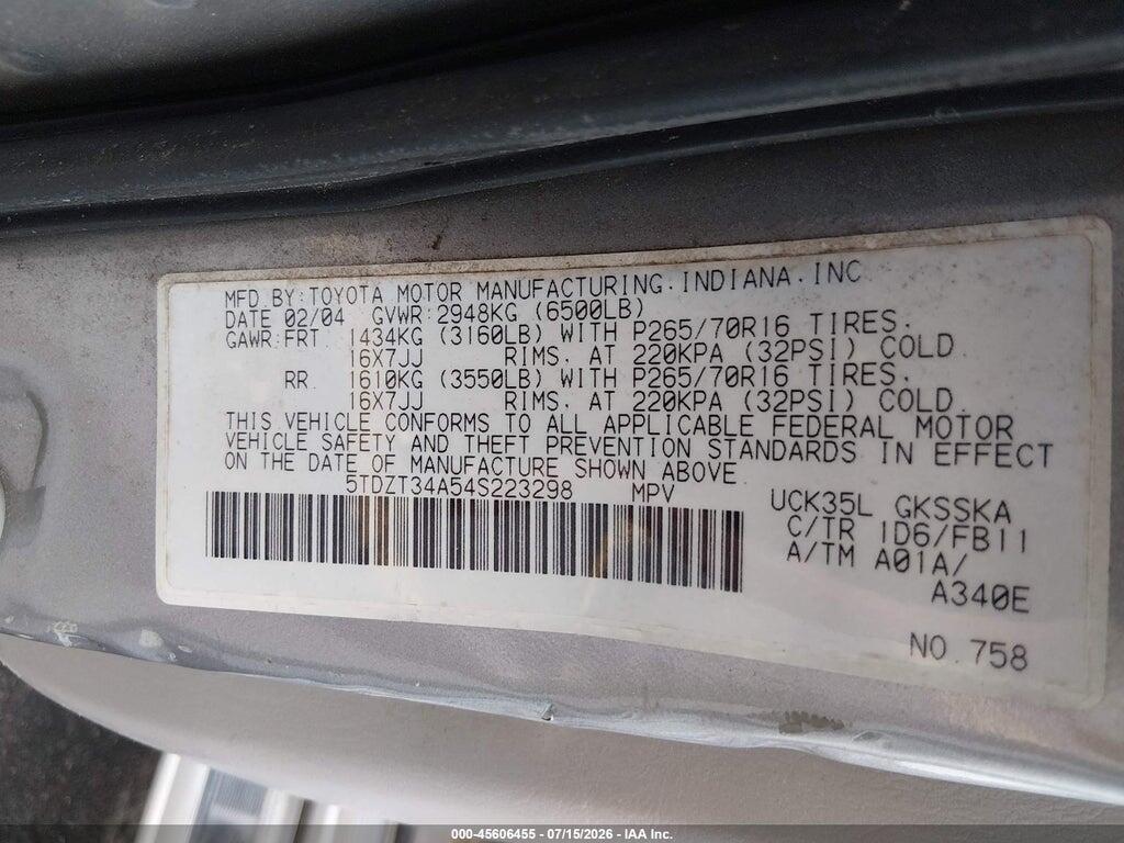 5TDZT34A54S223298 2004 TOYOTA SEQUOIA photo no. 9