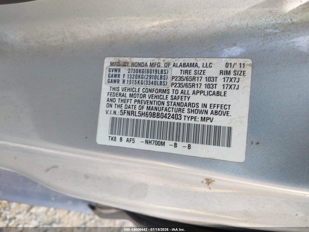 5FNRL5H69BB042403 2011 HONDA ODYSSEY photo no. 9