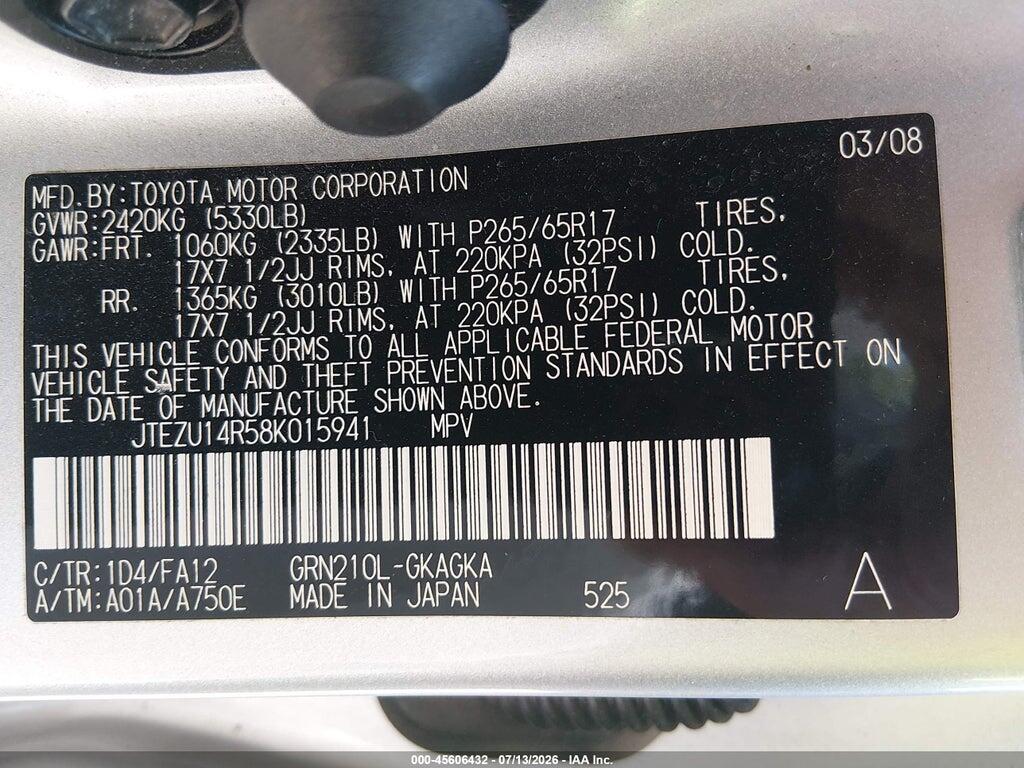 JTEZU14R58K015941 2008 TOYOTA 4RUNNER photo no. 9