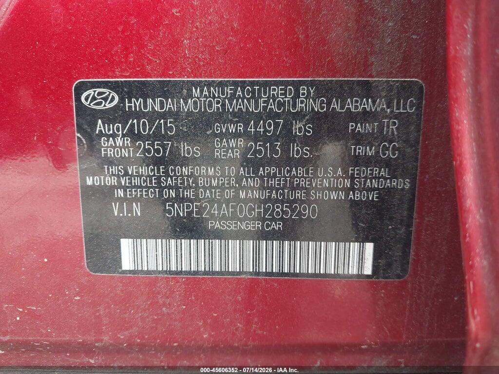 5NPE24AF0GH285290 2016 HYUNDAI SONATA photo no. 9