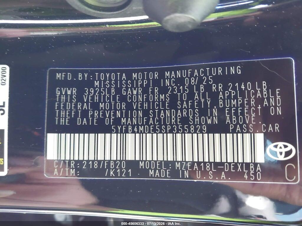 5YFB4MDE5SP355829 2025 TOYOTA COROLLA photo no. 9