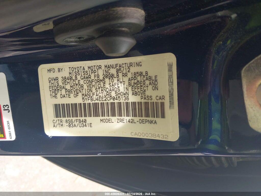 5YFBU4EE2CP045136 2012 TOYOTA COROLLA photo no. 9