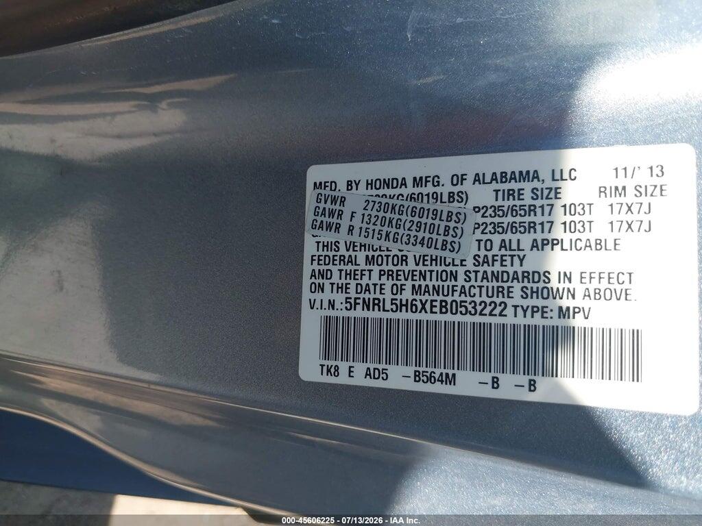 5FNRL5H6XEB053222 2014 HONDA ODYSSEY photo no. 9