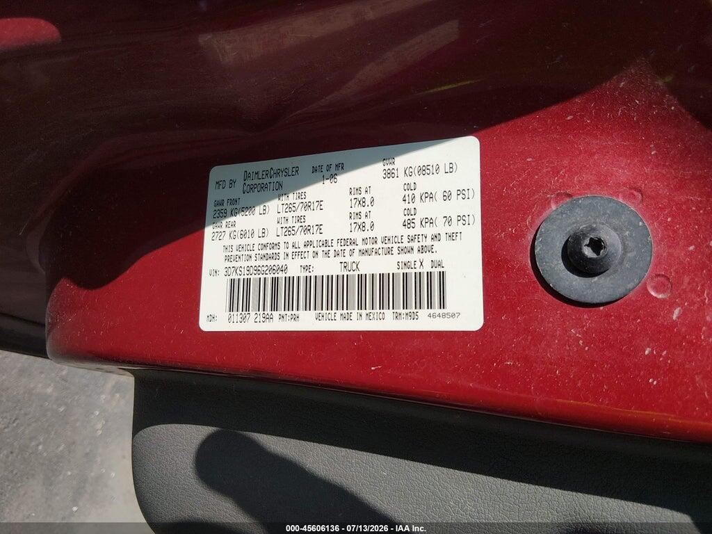3D7KS19D96G206040 2006 DODGE RAM 1500 photo no. 9