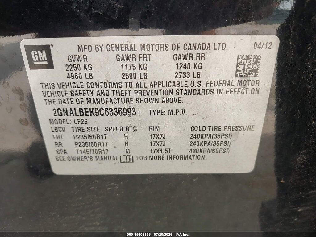 2GNALBEK9C6336993 2012 CHEVROLET EQUINOX photo no. 9