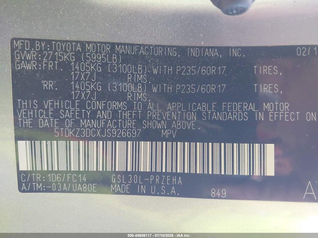 5TDKZ3DCXJS926697 2018 TOYOTA SIENNA photo no. 9
