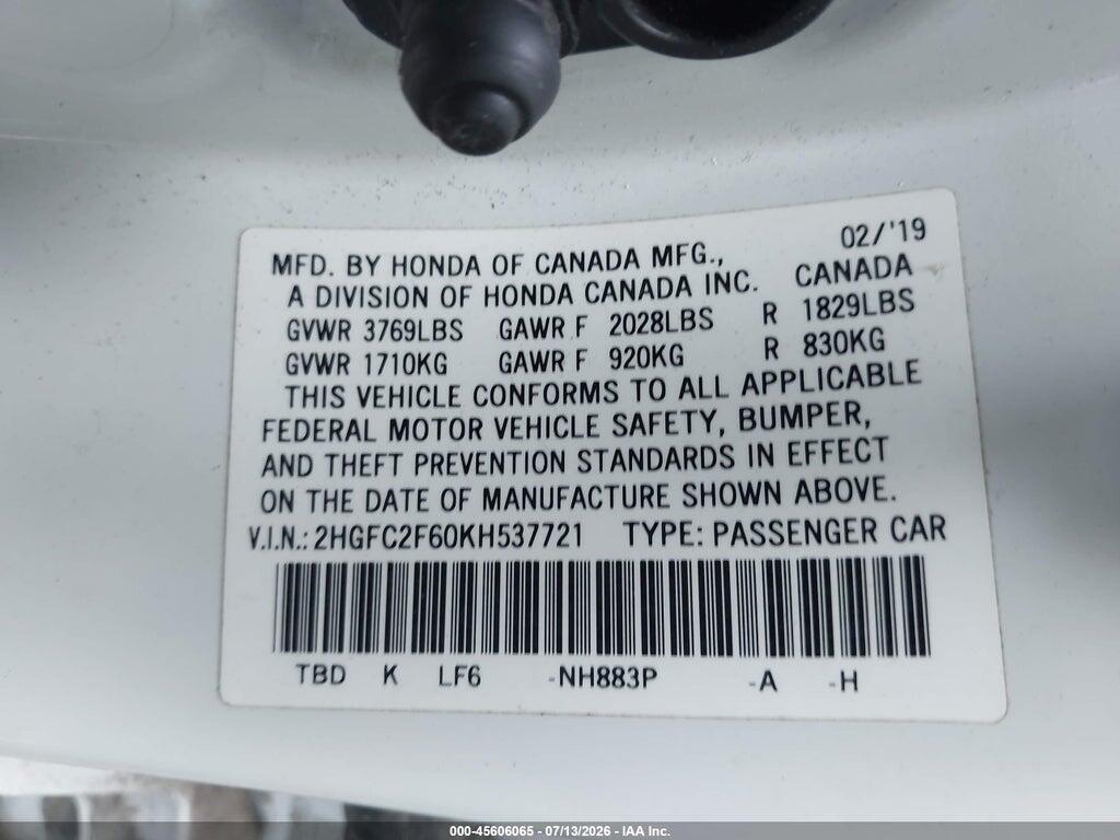 2HGFC2F60KH537721 2019 HONDA CIVIC photo no. 9